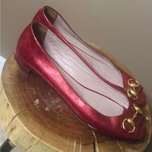 Gucci Metallic Cherry Red Leather Horsebit Ballet Flats